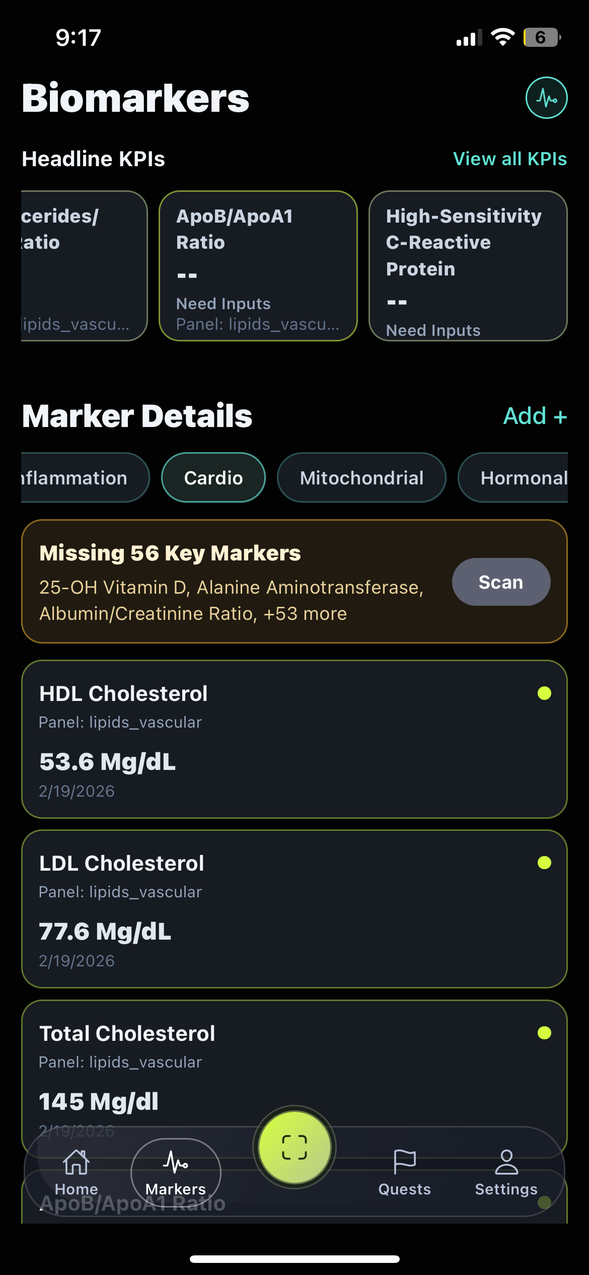 Biomarker page screen