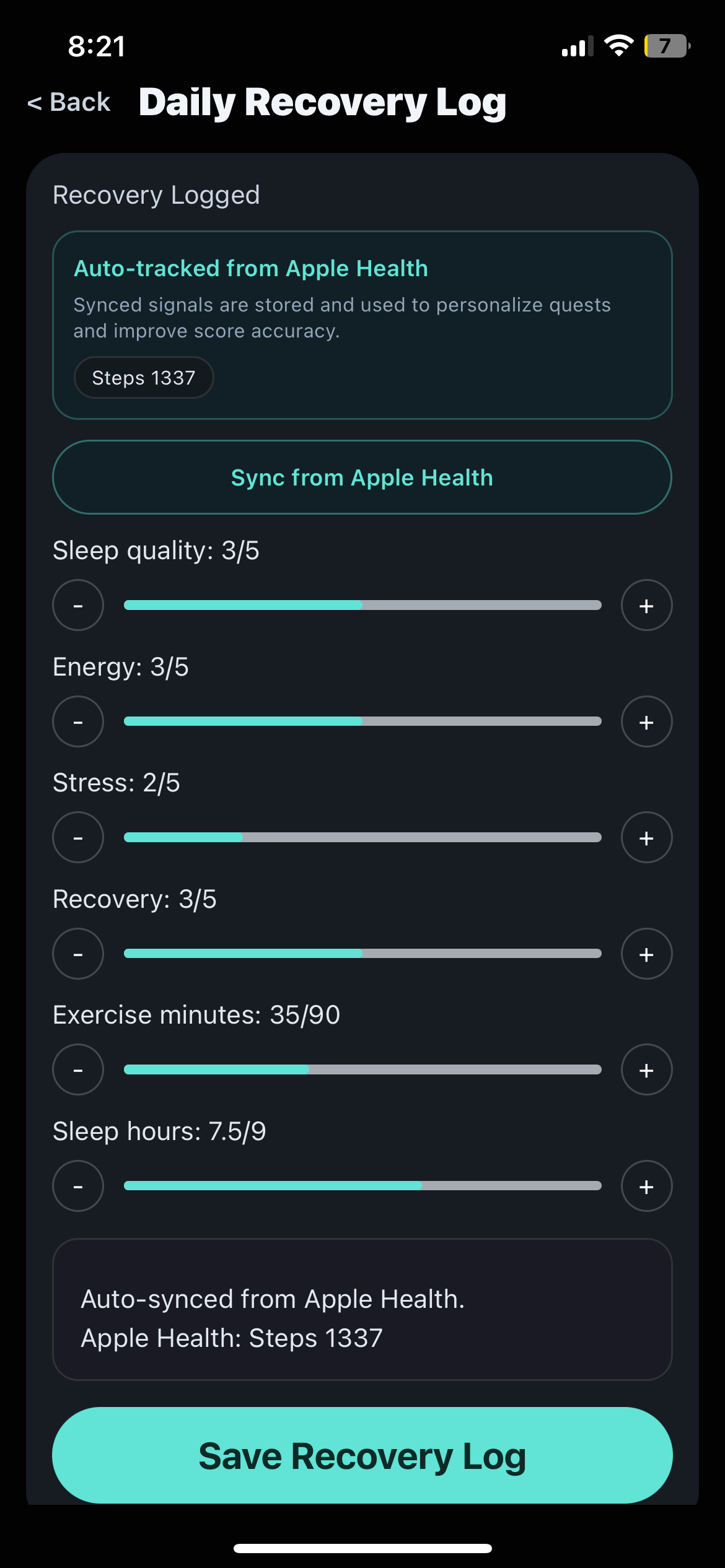 Daily recovery screen