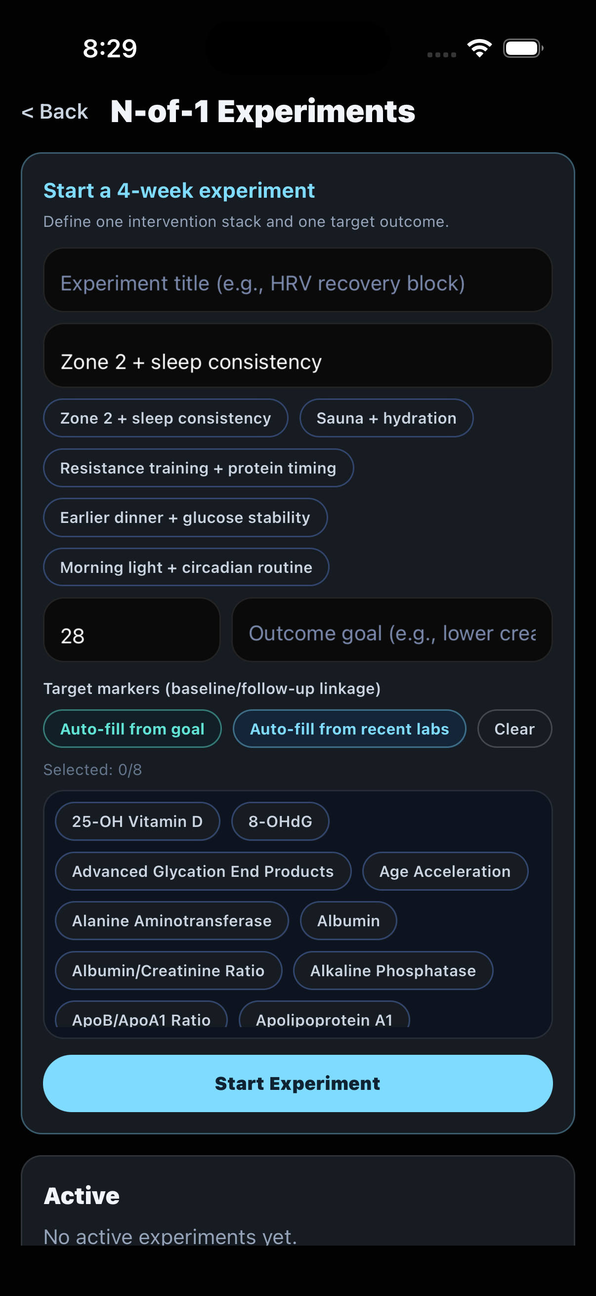 N-of-1 experiment screen