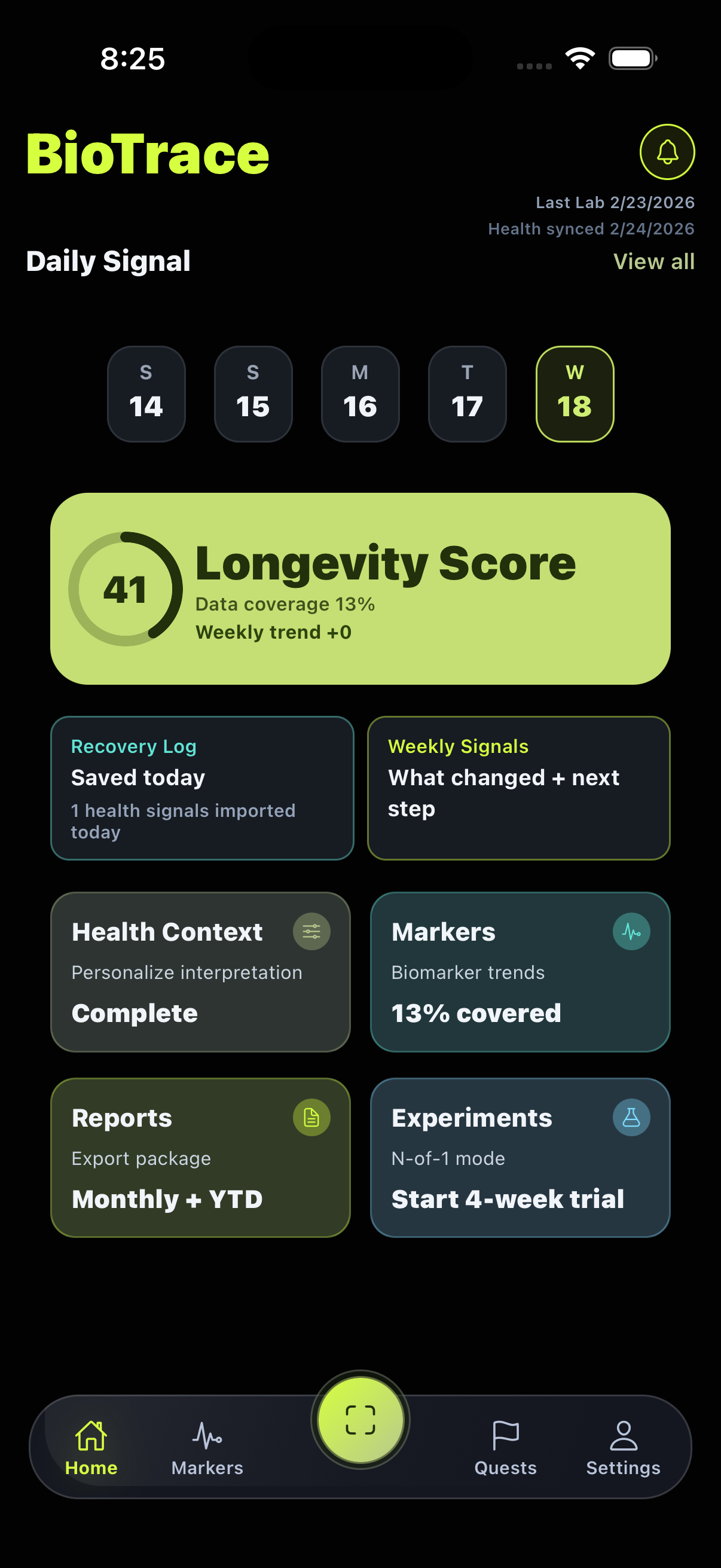 BioTrace home screen